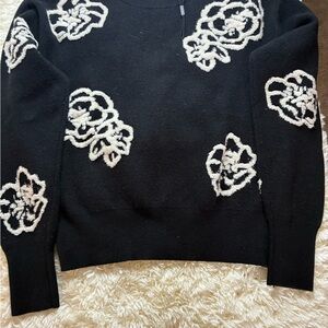 Tahari Black Crewneck Sweater with Cream Floral Appliqué